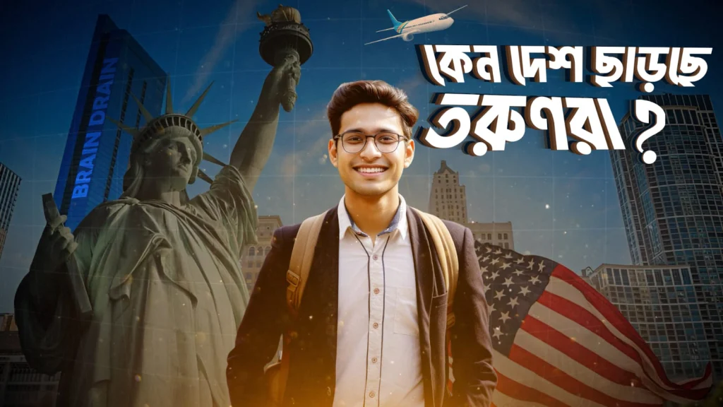 Illustration of a young professional from Bangladesh looking towards the horizon, symbolizing migration for opportunities, with the outline of a plane in the sky and cityscapes of both Bangladesh and a foreign country in the background.