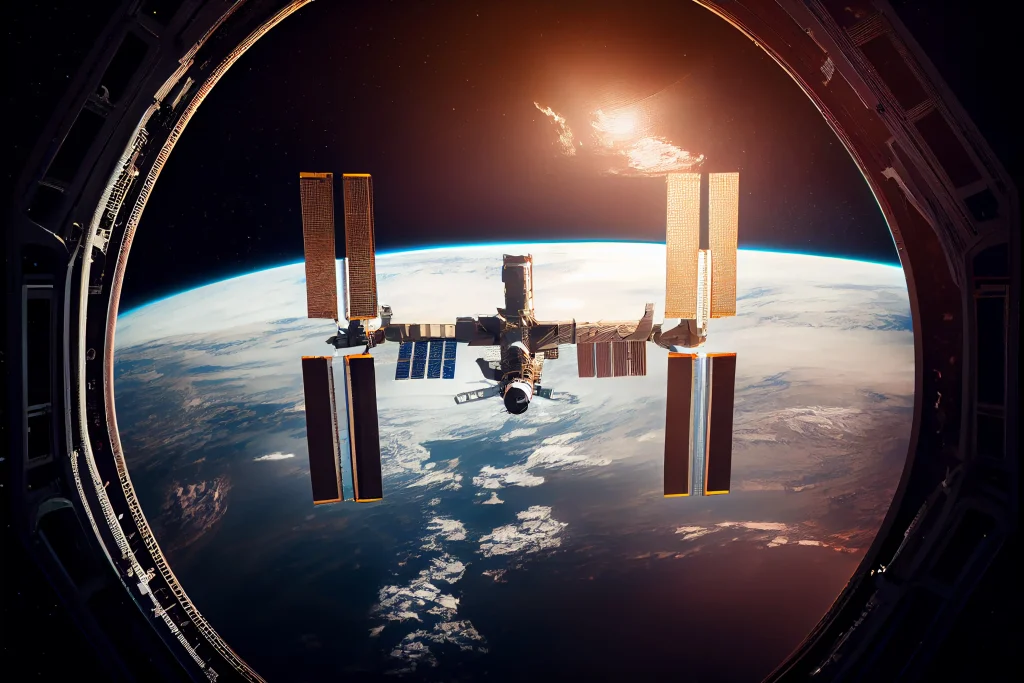 Astronaut floating inside the International Space Station experiencing zero gravity.